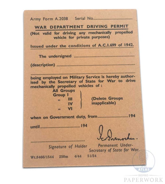 Reproduction wartime WW2 British WD Driving Permit Army Form A2038 - Atlas Repro Paperwork and Props