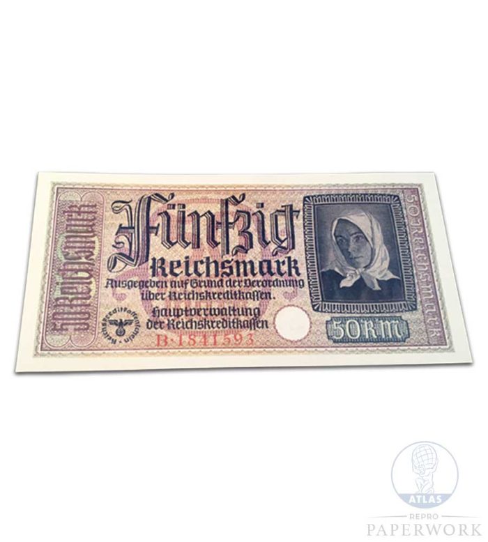 Reproduction wartime WW2 German 50 Reichsmark banknote 1939 - Atlas Repro Paperwork and Props