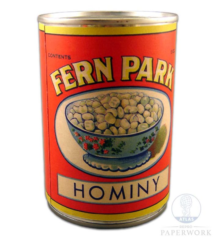 1930s American Fern Park Hominy label - Atlas Repro Paperwork and Props reproduction