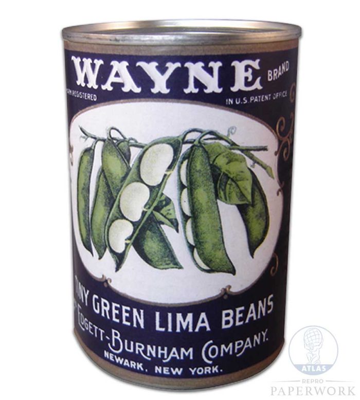 Reproduction 1930s American Wayne Green Lima Beans label - Atlas Repro Paperwork and Props reproduction