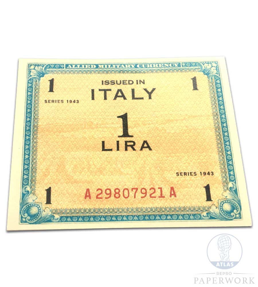 Reproduction wartime WW2 American Allied Military Currency AMC 1 Lira banknote liberation Italy - Atlas Repro Paperwork and Props