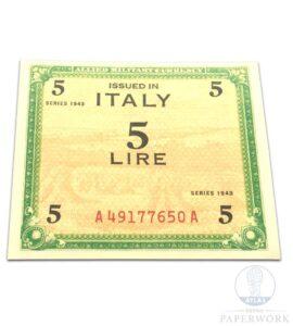 Reproduction wartime WW2 American Allied Military Currency AMC 5 Lire banknote liberation Italy - Atlas Repro Paperwork and Props