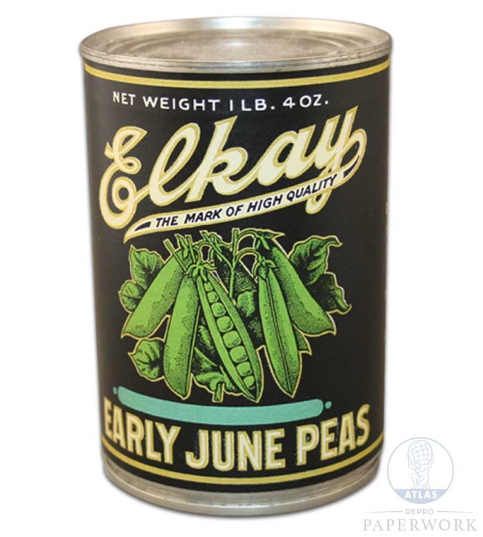 Reproduction wartime WW2 American Elkay Early June Peas can label 1930s - Atlas Repro Paperwork and Props