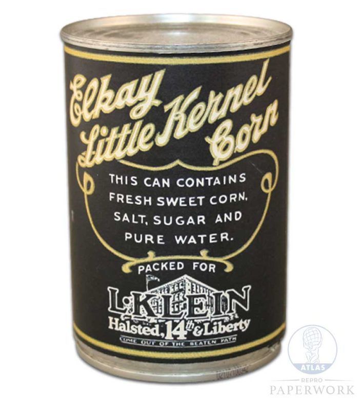 Back Reproduction 1930s wartime American Elkay Little Kernel Corn label - Atlas Repro Paperwork and Props