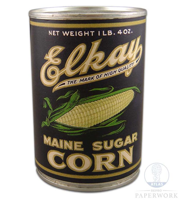 Front Reproduction 1930s wartime American Elkay Main Sugar Corn label - Atlas Repro Paperwork and Props