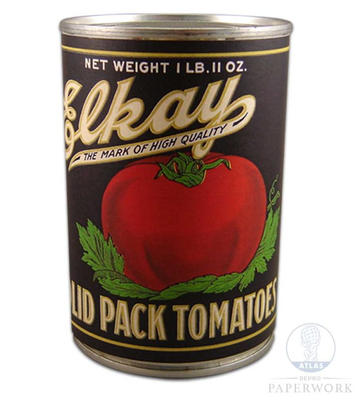 Front Reproduction 1930s wartime American Elkay Solid Pack Tomatoes label - Atlas Repro Paperwork and Props