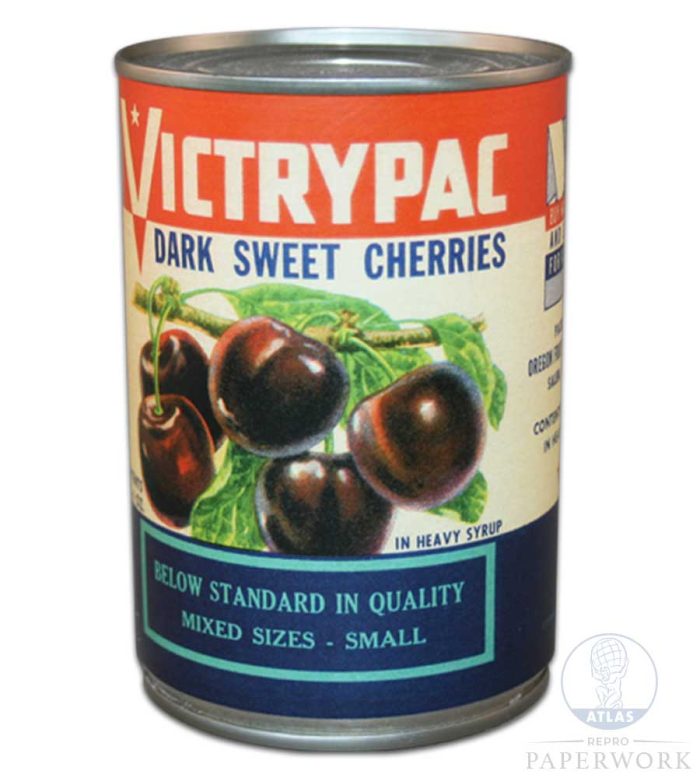 Front Reproduction 1930s wartime American Victrypac Dark Sweet Cherries label - Atlas Repro Paperwork and Props