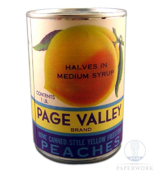Back Reproduction 1930s wartime American Page Valley Peaches label - Atlas Repro Paperwork and Props