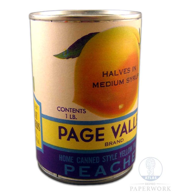 Front Reproduction 1930s wartime American Page Valley Peaches label - Atlas Repro Paperwork and Props