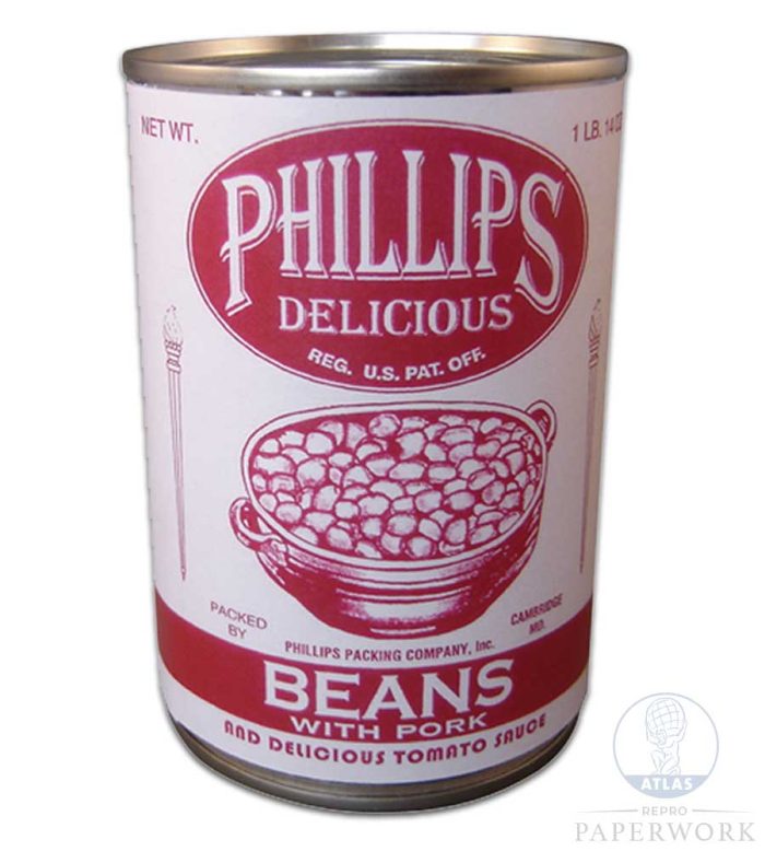 Front Reproduction 1930s wartime American Phillips Beans with Pork label - Atlas Repro Paperwork and Props