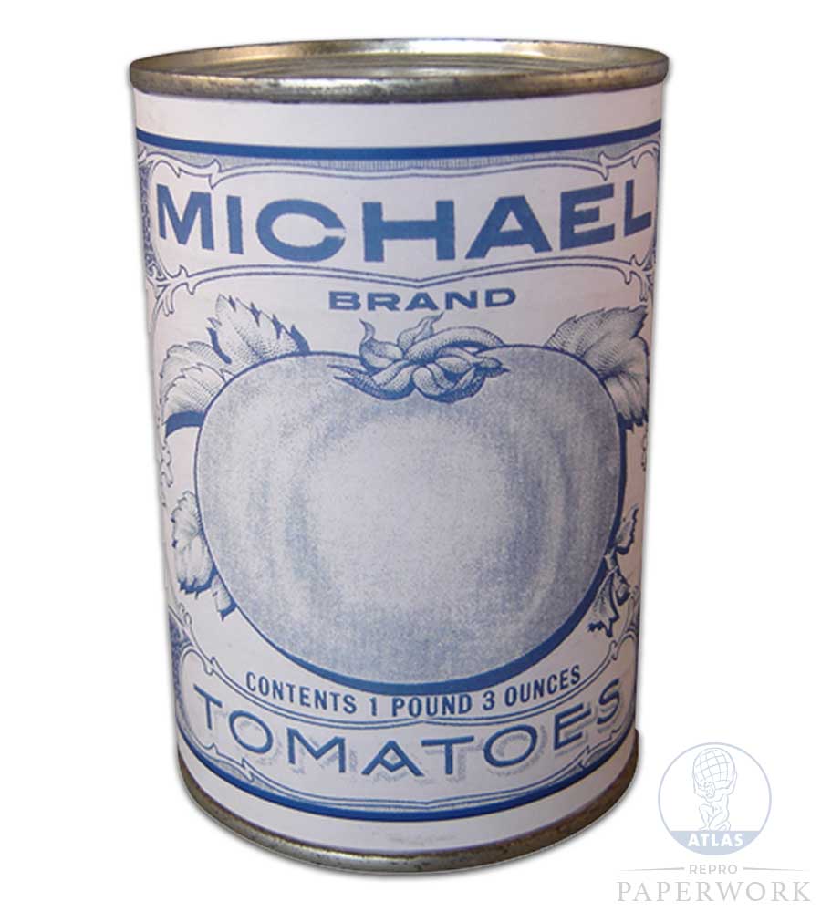 Front Reproduction 1930s wartime American Michael Brand Tomatoes label - Atlas Repro Paperwork and Props
