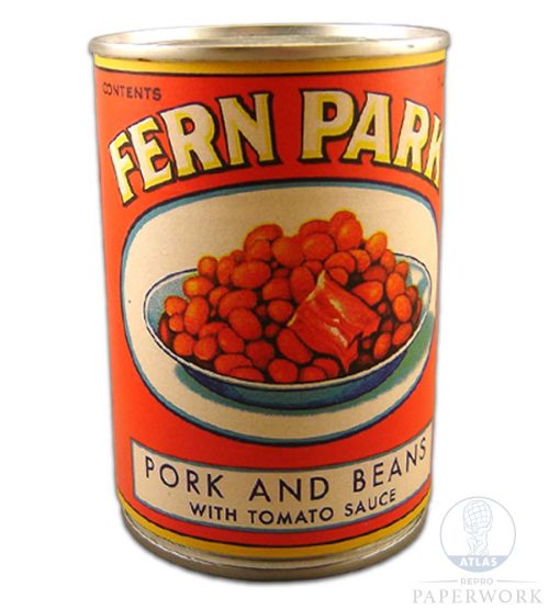 Front Reproduction 1930s wartime American Fern Park Pork and Beans with tomato sauce label - Atlas Repro Paperwork and Props