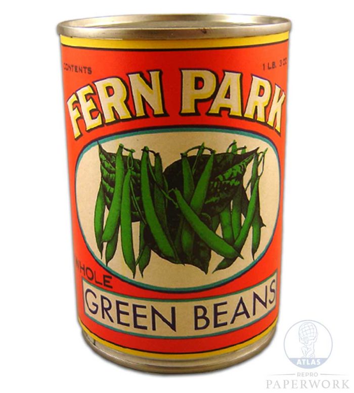 Front Reproduction 1930s wartime American Fern Park Green Beans label - Atlas Repro Paperwork and Props