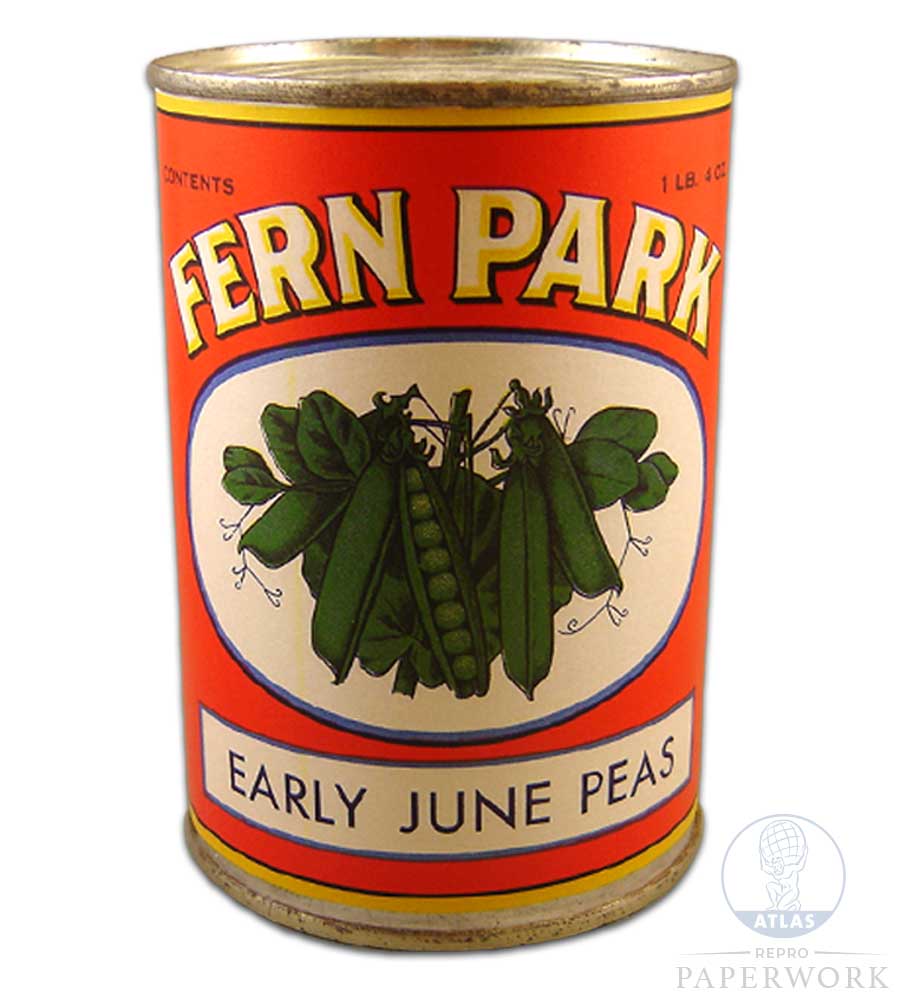 Front Reproduction 1930s wartime American Fern Park Early June Peas label - Atlas Repro Paperwork and Props