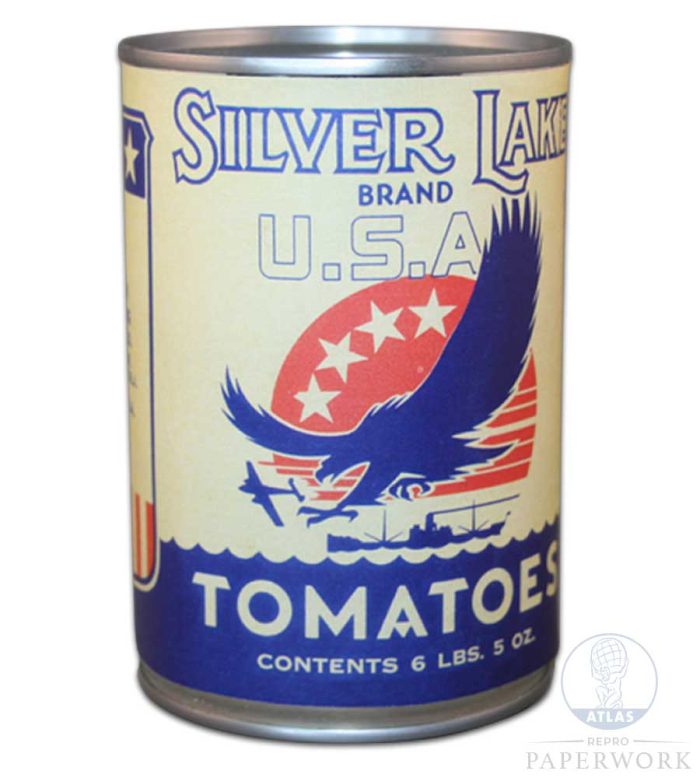 Front Reproduction WW2 wartime American Silver Lake brand Tomatoes Lend and Lease label - Atlas Repro Paperwork and Props