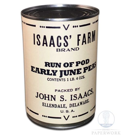 Front Reproduction WW2 wartime American Isaacs' Farm brand Early June Peas Lend and Lease label - Atlas Repro Paperwork and Props
