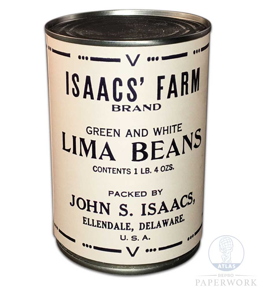 Front Reproduction WW2 wartime American Isaacs' Farm brand Lima Beans Lend and Lease label - Atlas Repro Paperwork and Props