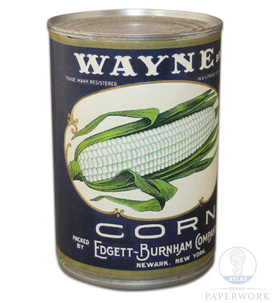Front Reproduction 1930s wartime American Wayne brand Corn label - Atlas Repro Paperwork and Props