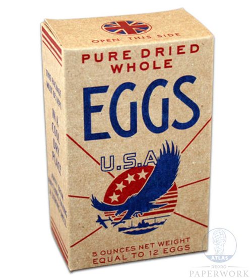Front Reproduction wartime WW2 American Pure Dried Whole EGGS box lend and lease eagle - Atlas Repro Paperwork and Props