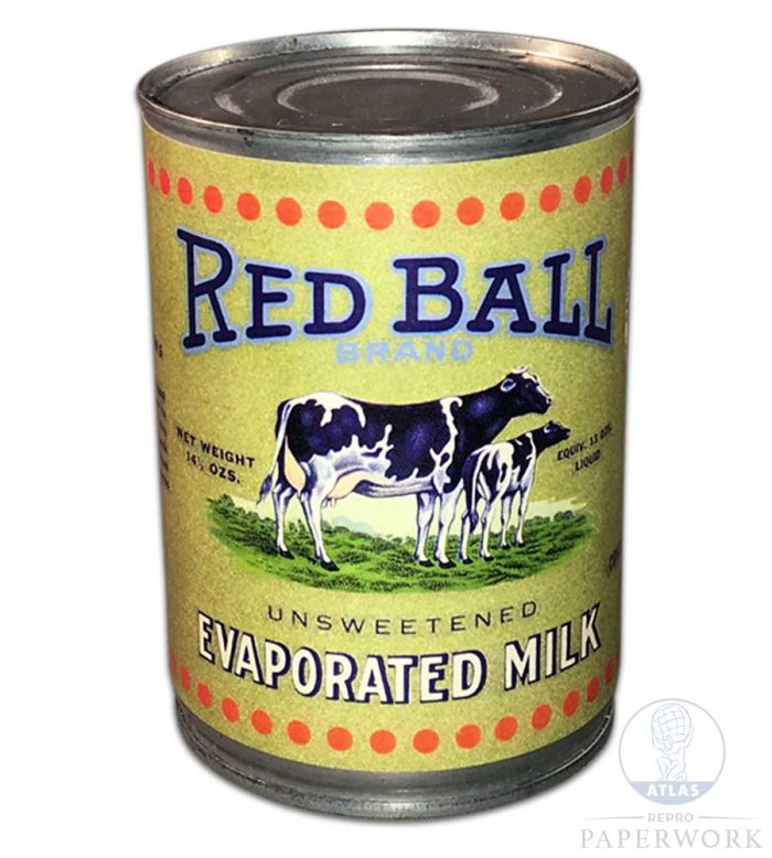 Reproduction wartime WW2 American Red Ball Evaporated Milk can label - Atlas Repro Paperwork and Props