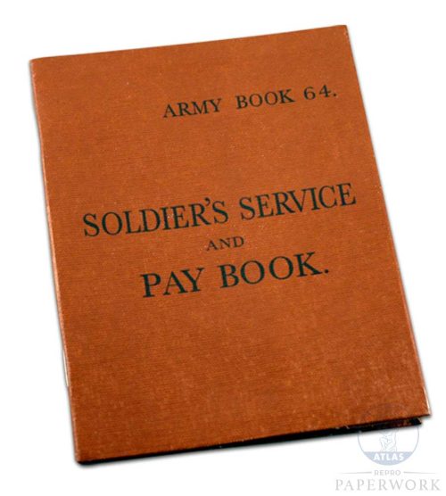Reproduction wartime WW2 British Army book 64 Soldier's Service and Pay Book AB64 - Atlas Repro Paperwork and Props