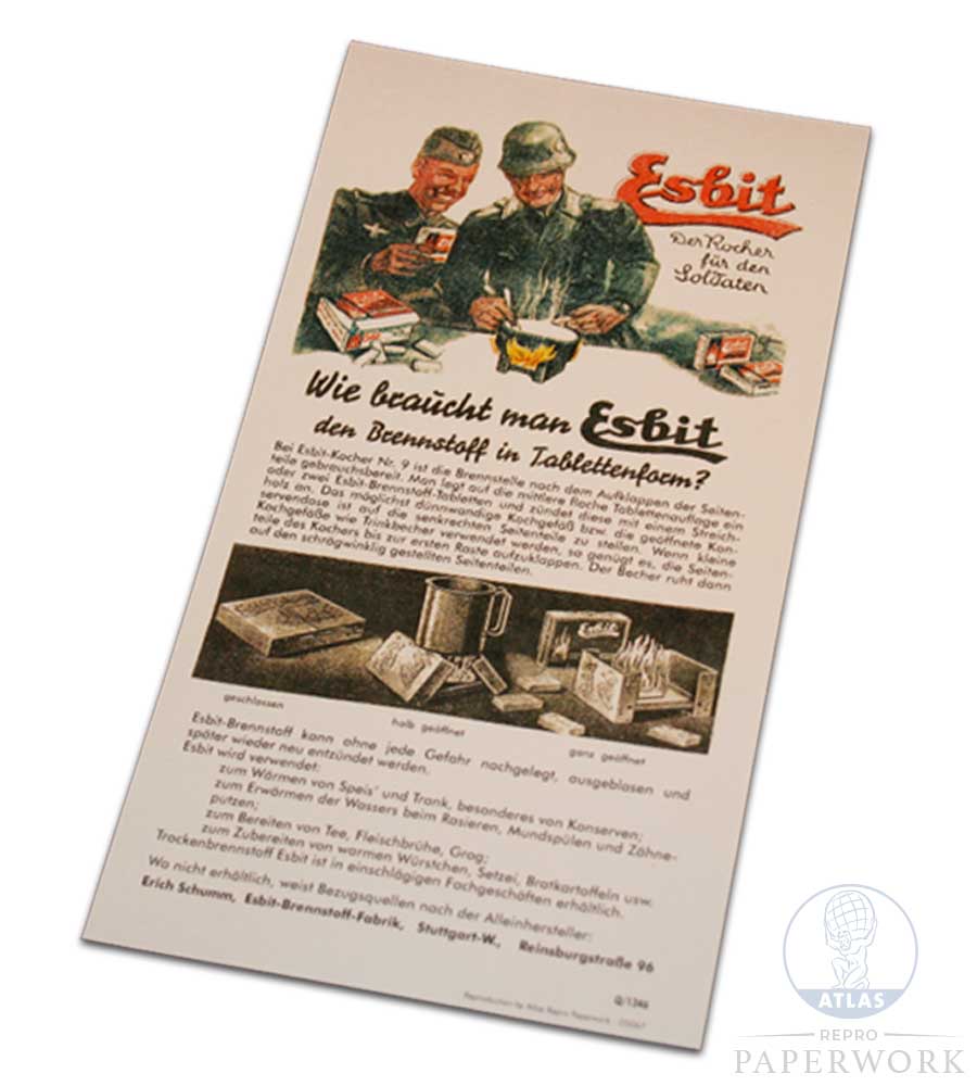 Reproduction WW2 German Esbit usage leaflet - Atlas Repro Paperwork and Props