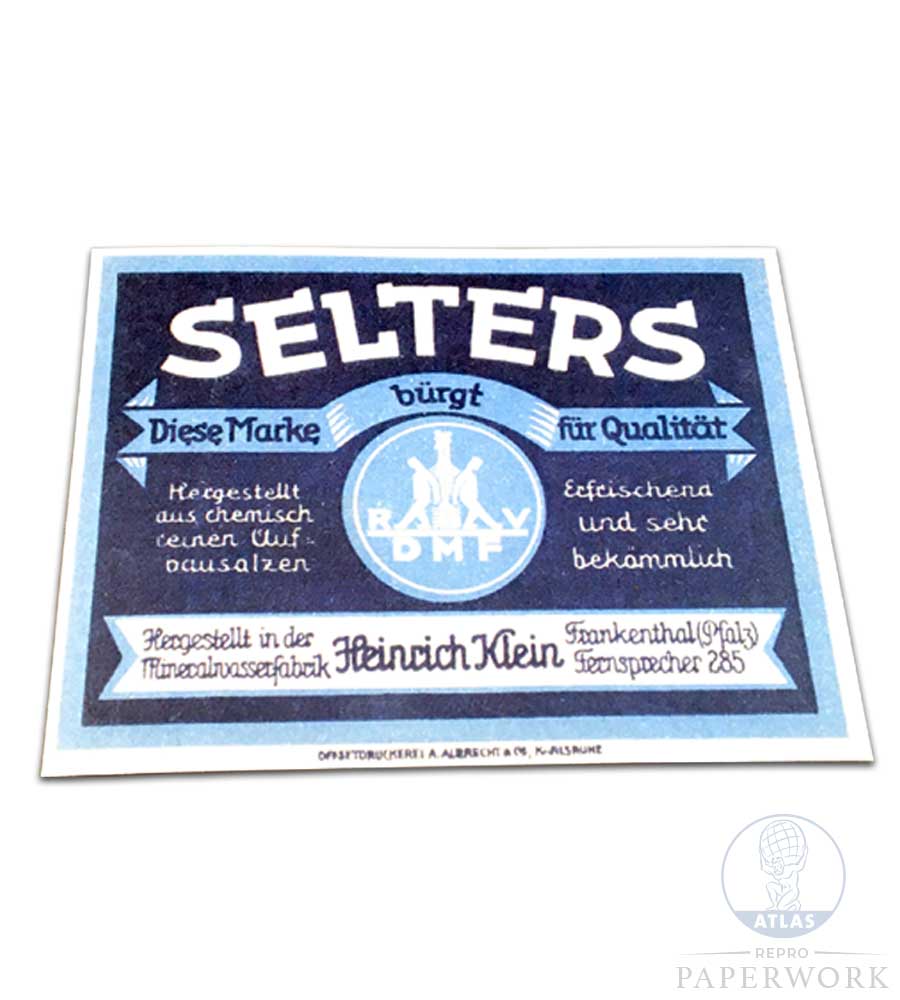 Reproduction wartime WW2 German Selters Tafelwasser Table water label - Atlas Repro Paperwork and Props
