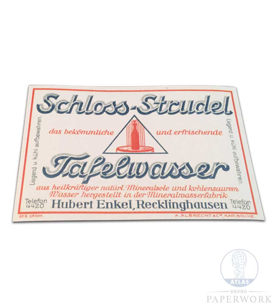 Reproduction wartime WW2 German Schloss-Strudel Tafelwasser Table water label - Atlas Repro Paperwork and Props