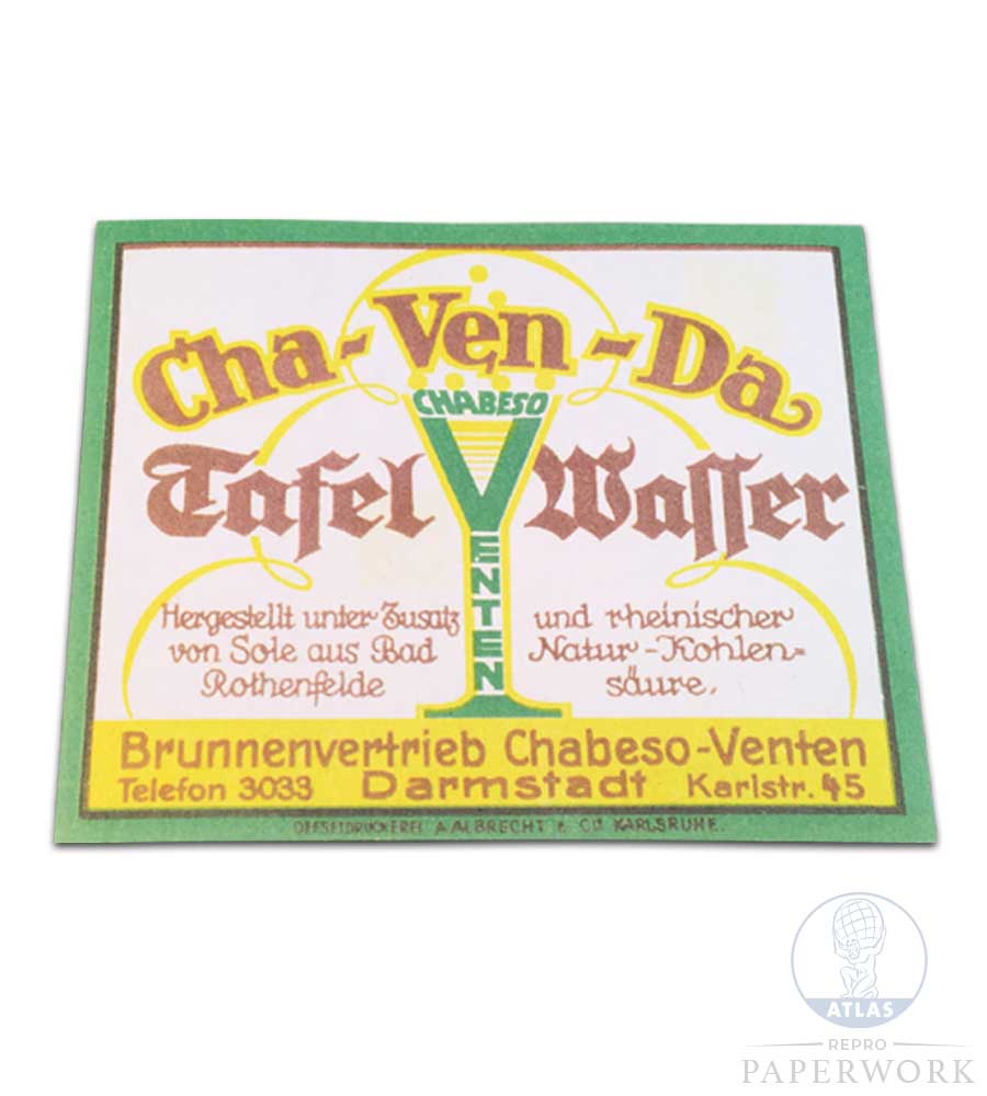 Reproduction wartime WW2 German Cha-Ven-Da Tafelwasser Table water label - Atlas Repro Paperwork and Props