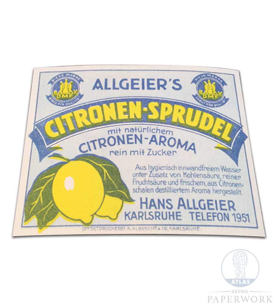 Reproduction wartime WW2 German Allgeier's Citronen-sprudel lemon Lemonade label - Atlas Repro Paperwork and Props
