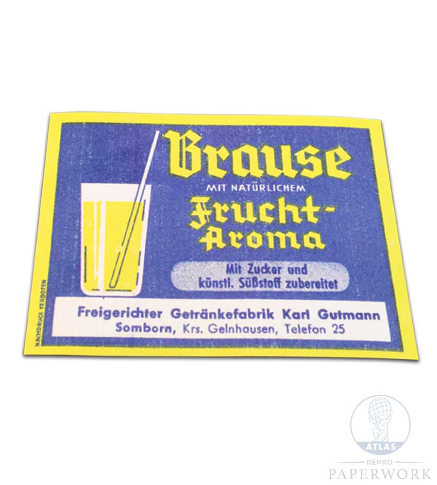 Reproduction wartime WW2 German Brause Frucht Aroma Lemonade label - Atlas Repro Paperwork and Props