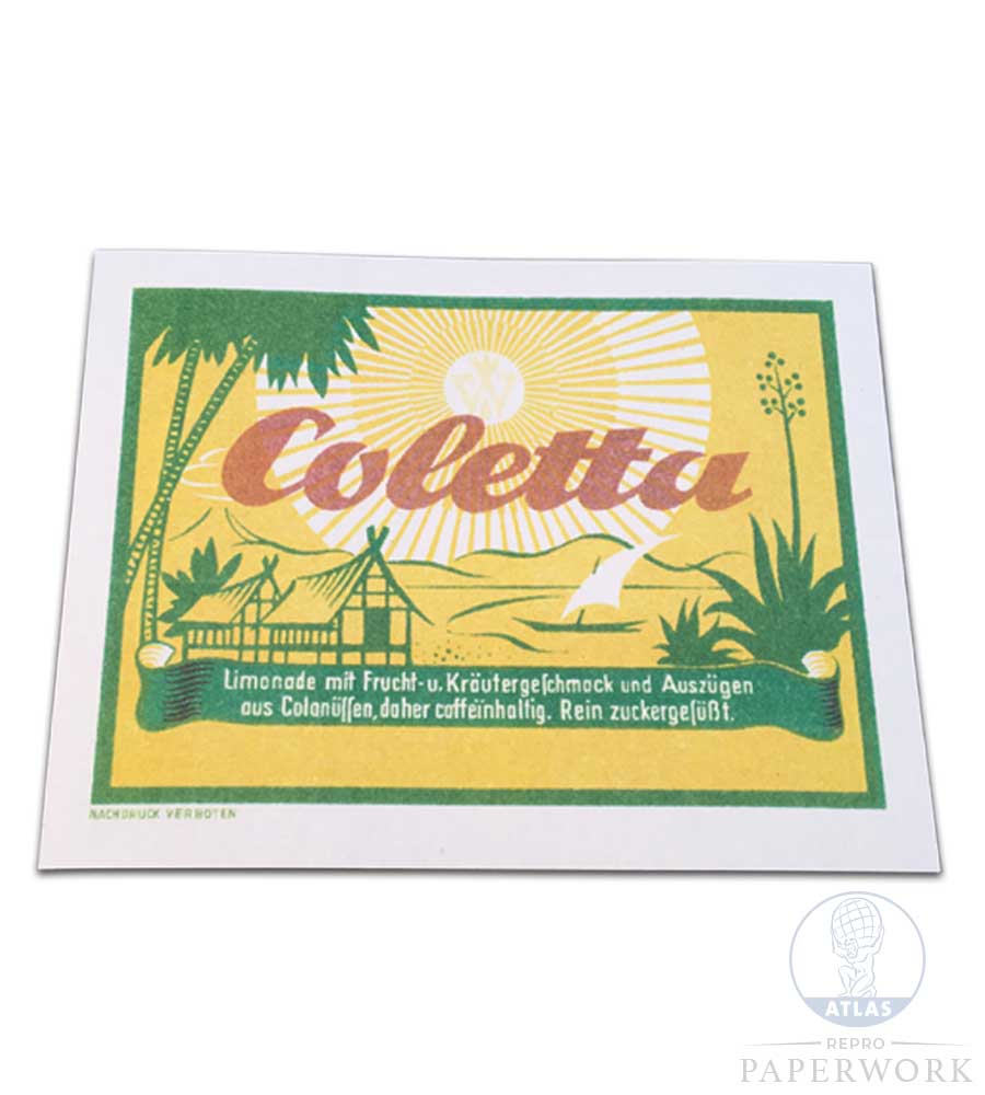 Reproduction wartime WW2 German Coletta Lemonade label - Atlas Repro Paperwork and Props