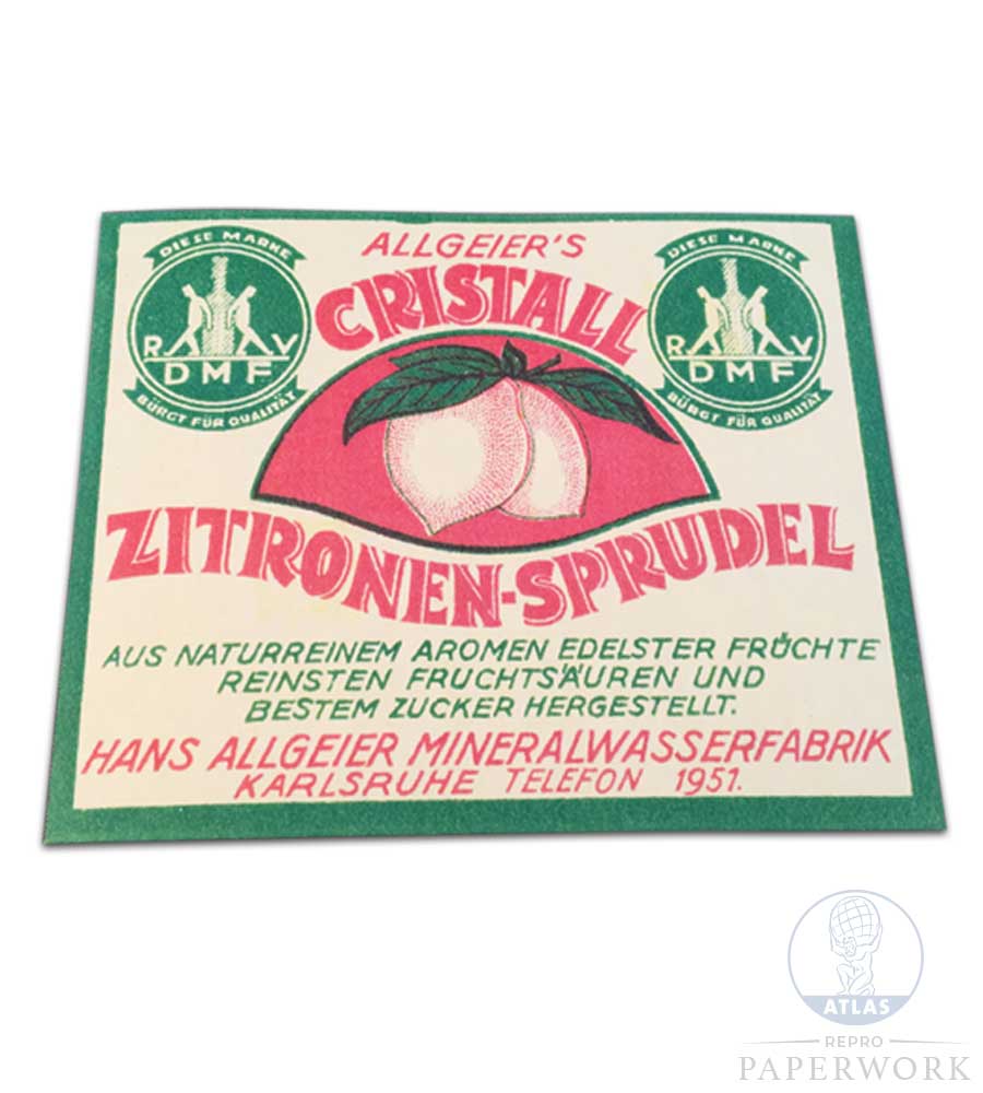Reproduction wartime WW2 German Allgeier's Cristall Zitronen-sprudel lemon Lemonade label - Atlas Repro Paperwork and Props