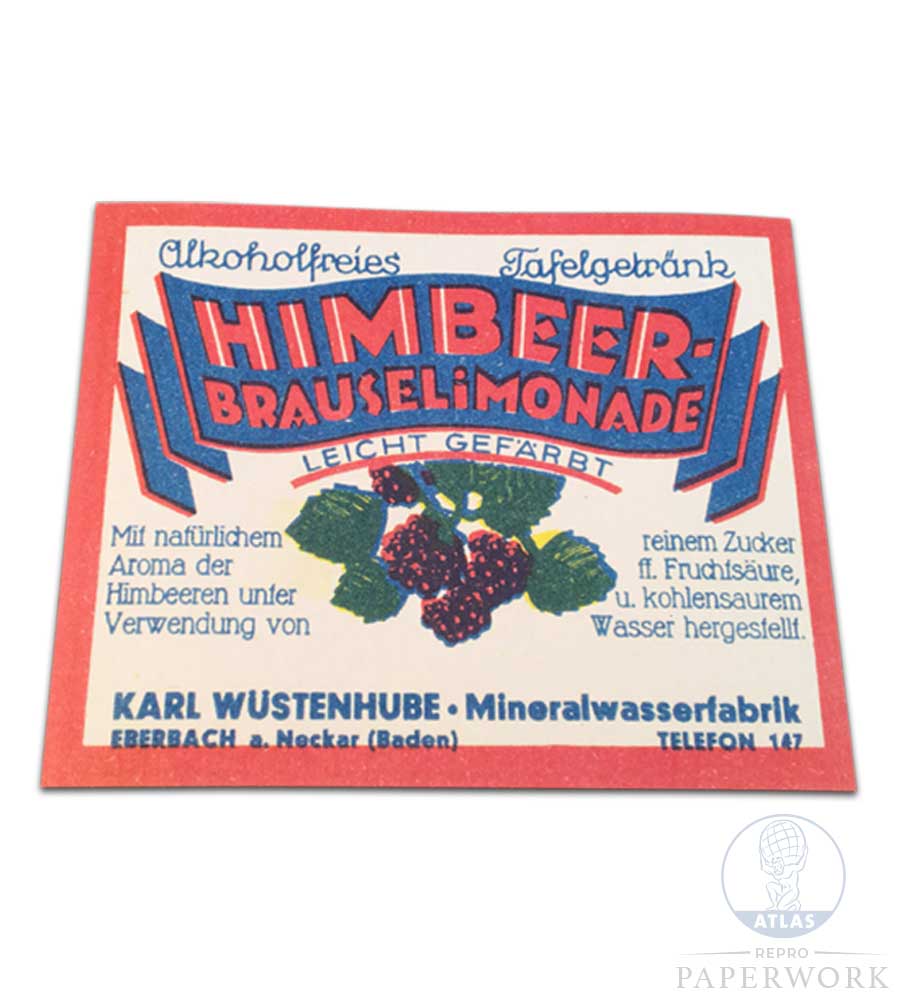 Reproduction wartime WW2 German Himbeer BrauseLimonade Raspberry Lemonade label - Atlas Repro Paperwork and Props