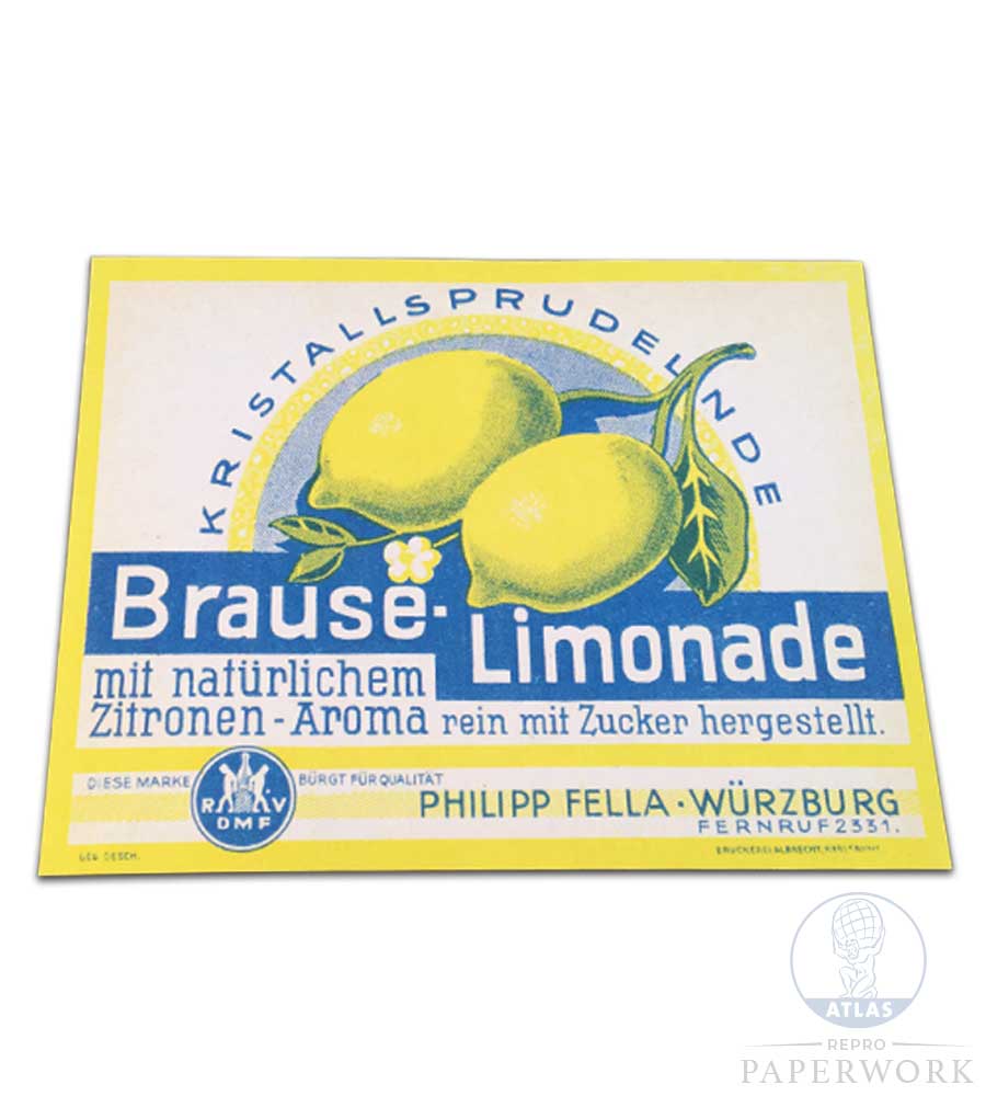 Reproduction wartime WW2 German Kristallsprudelnde Brause-Limonade Lemonade label - Atlas Repro Paperwork and Props
