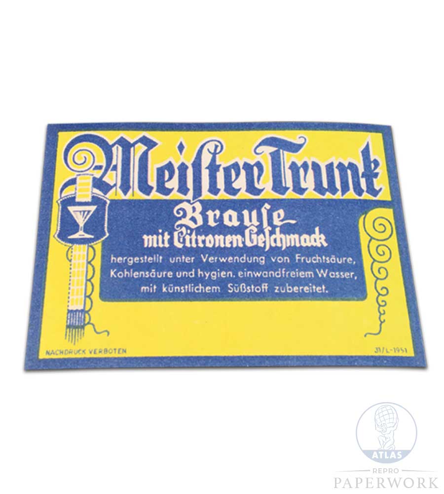 Reproduction wartime WW2 German Meister Trunk Brause Lemonade label - Atlas Repro Paperwork and Props