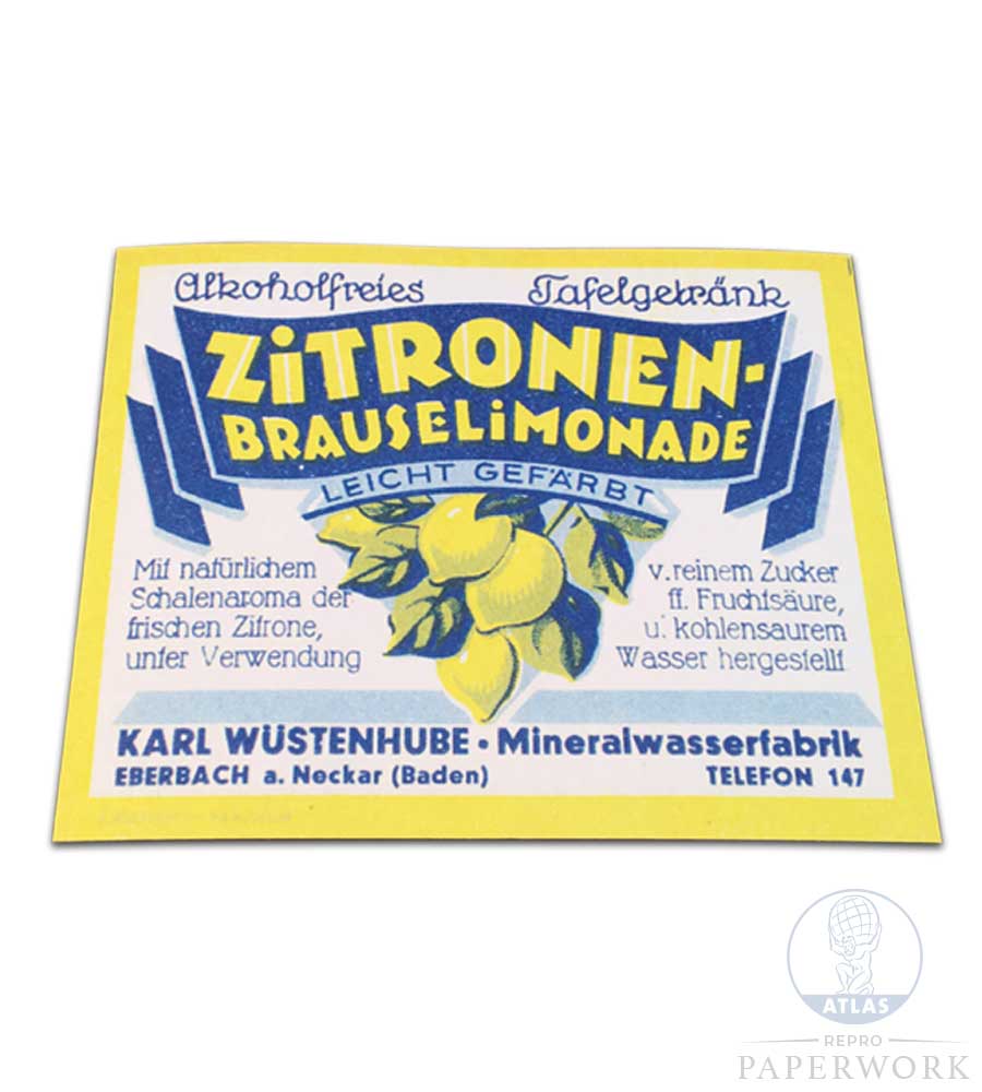 Reproduction wartime WW2 German Zitronen Brauselimonade Lemonade label - Atlas Repro Paperwork and Props