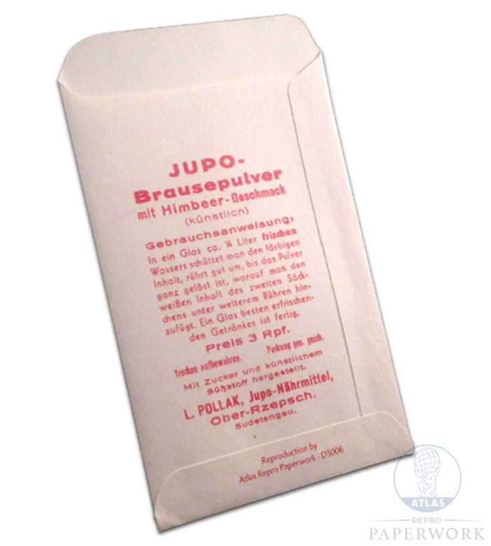 Reproduction wartime WW2 German JUPO Brausepulver Lemonade powder bag - Atlas Repro Paperwork and Props