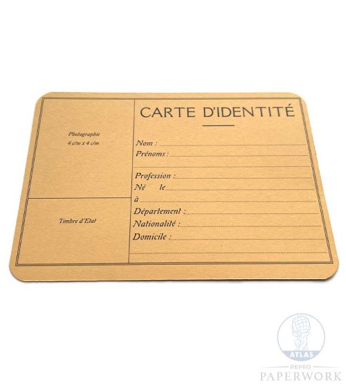 Front Reproduction wartime WW2 French ID Card Carte D'Identité 1940 cardstock - Atlas Repro Paperwork and Props