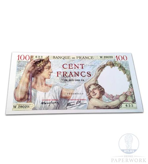 Reproduction wartime WW2 French 100 Francs 1939-1942 "Sully" banknote - Atlas Repro Paperwork and Props