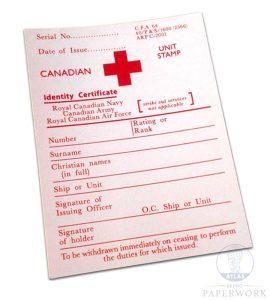 Reproduction wartime ww2 Canadian identity certificate Red Cross ID Card - Atlas Repro Paperwork and Props