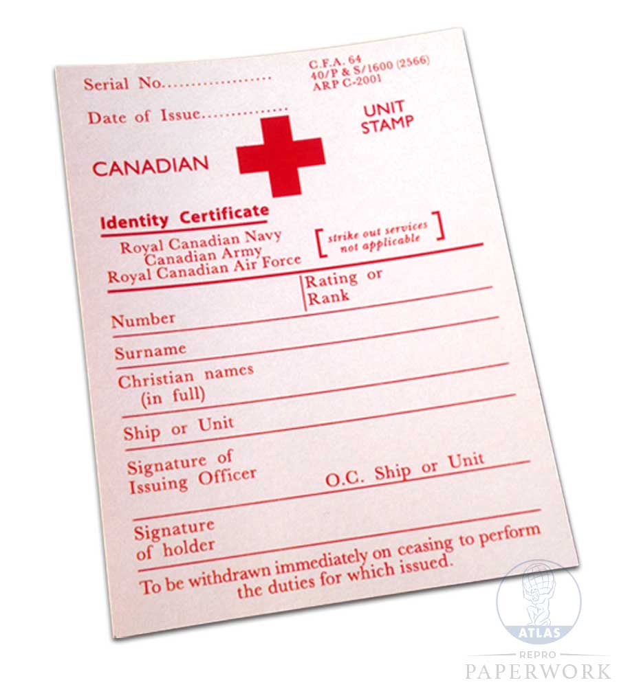 Reproduction wartime ww2 Canadian identity certificate Red Cross ID Card - Atlas Repro Paperwork and Props