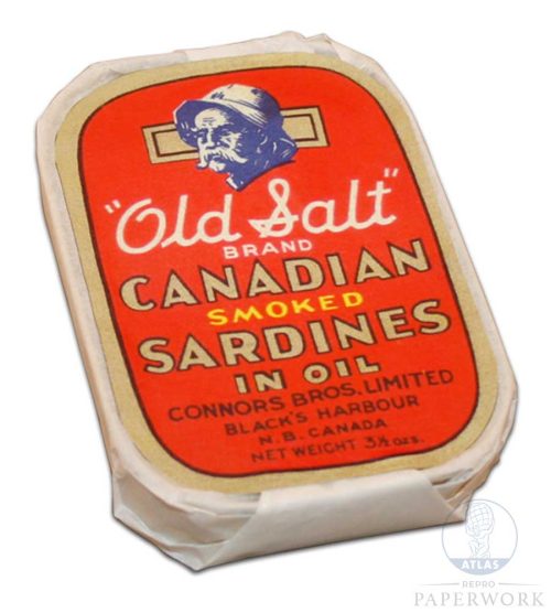 Reproduction wartime WW2 Old Salt Canadian Sardines can label - Atlas Repro Paperwork and Props
