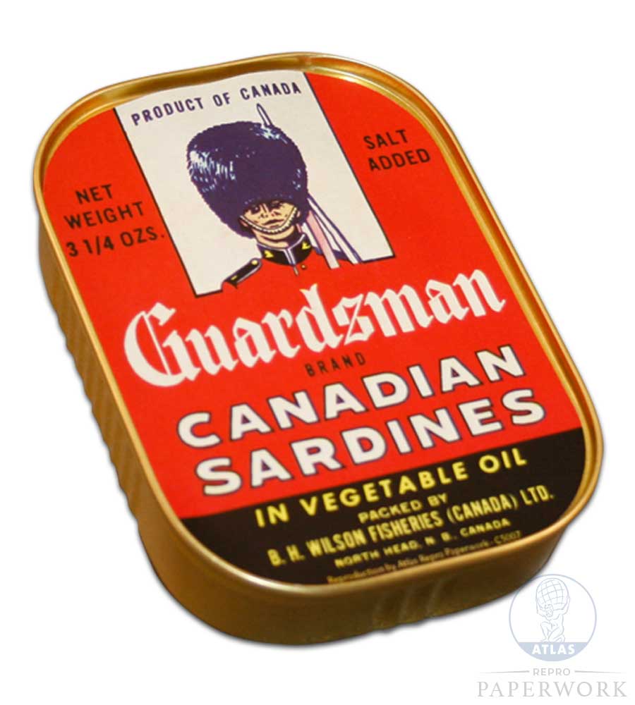 Reproduction wartime WW2 Guardsman Canadian Sardines can label - Atlas Repro Paperwork and Props